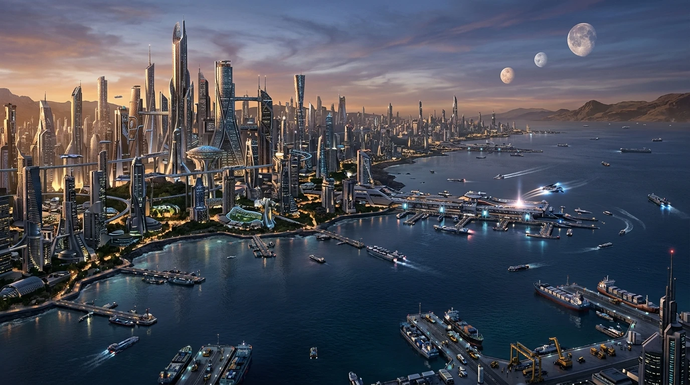 Futuristische Küstenstadt mit Raumhäfen und fremdartigem Ozean