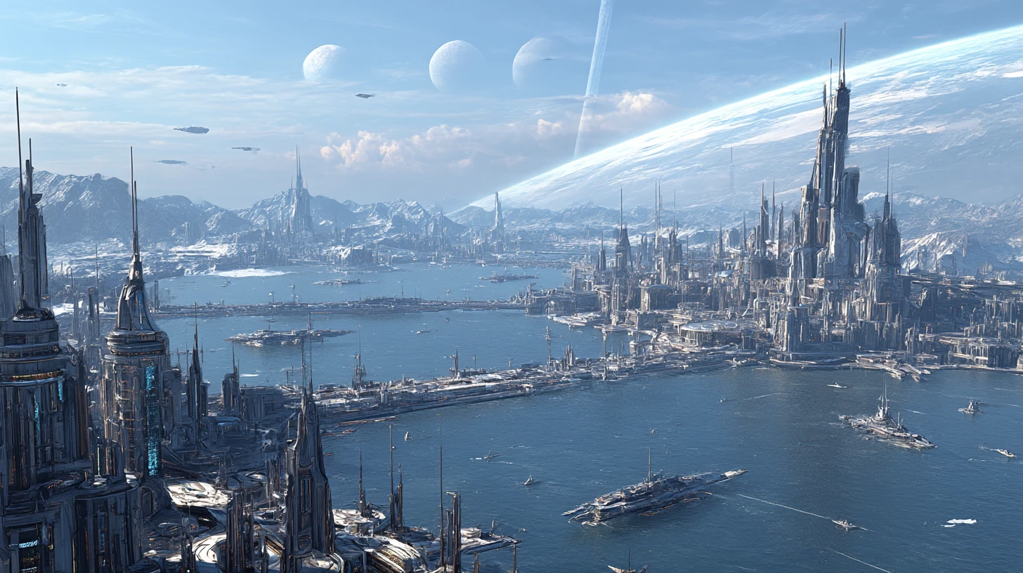 Futuristic coastal city with spaceports and alien ocean