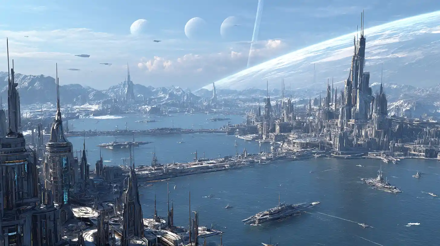 Cidade costeira futurista com espaçoportos e oceano alienígena