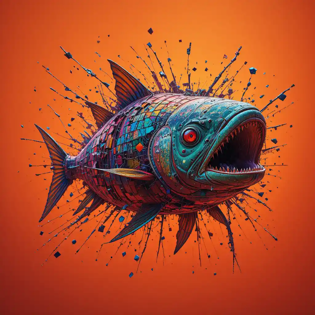 Piranha irrompendo por pixels digitais fragmentados e com glitch