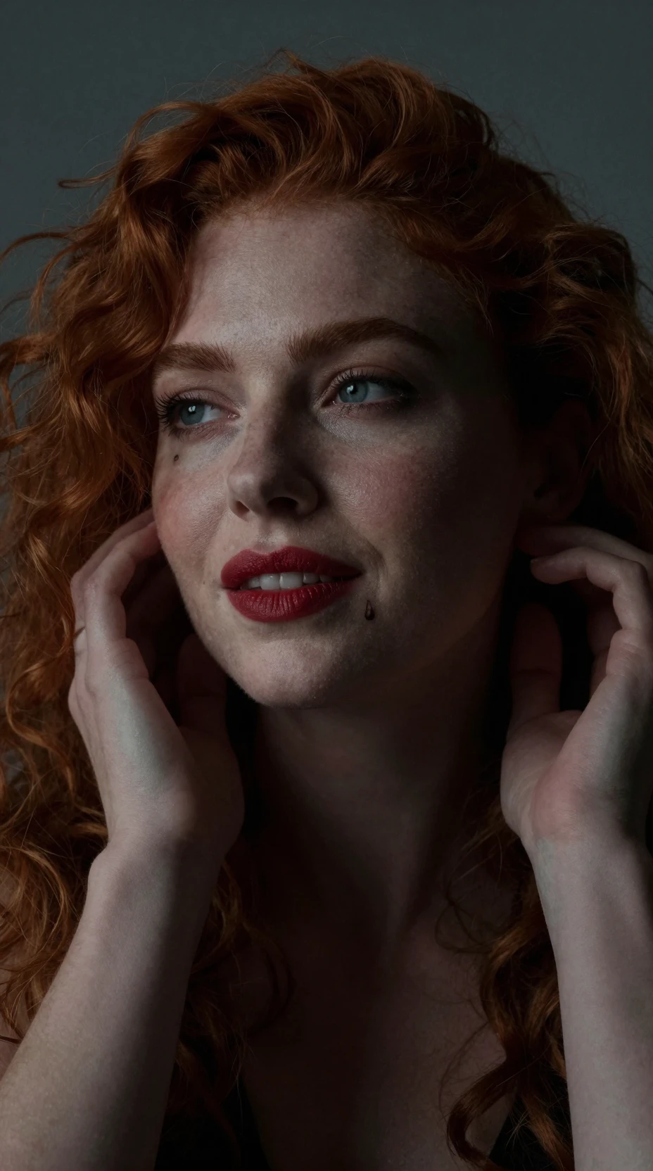 Close cinematográfico de uma mulher ruiva na sombra