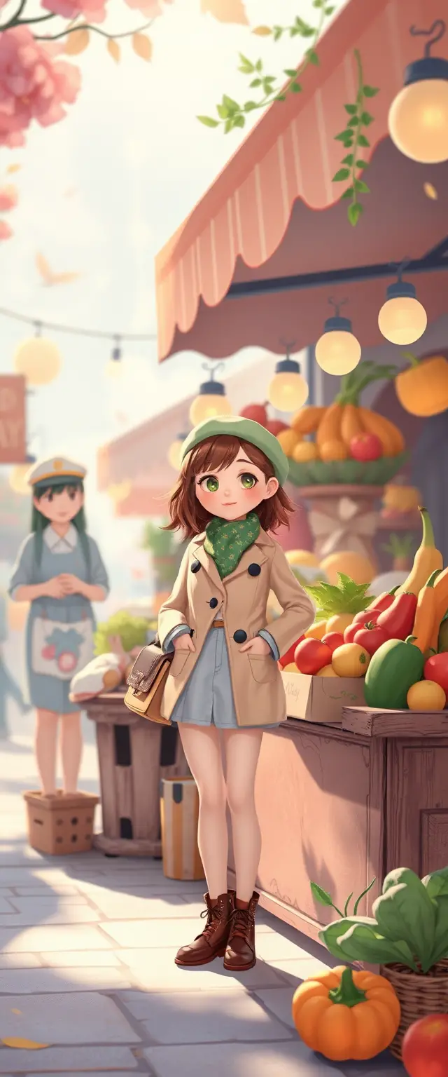 Whimsical pastel family at a fruit and vegetable market