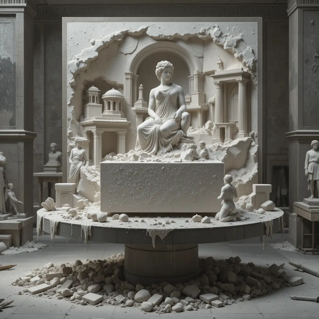 Monde de ciselure en marbre émergeant d’un bloc dans l’atelier du sculpteur