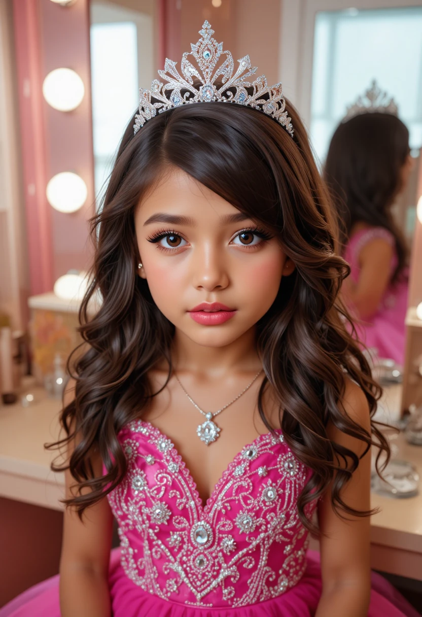 Junger Junge im pinken Quinceañera-Kleid vor dem Schminktisch im Schlafzimmer