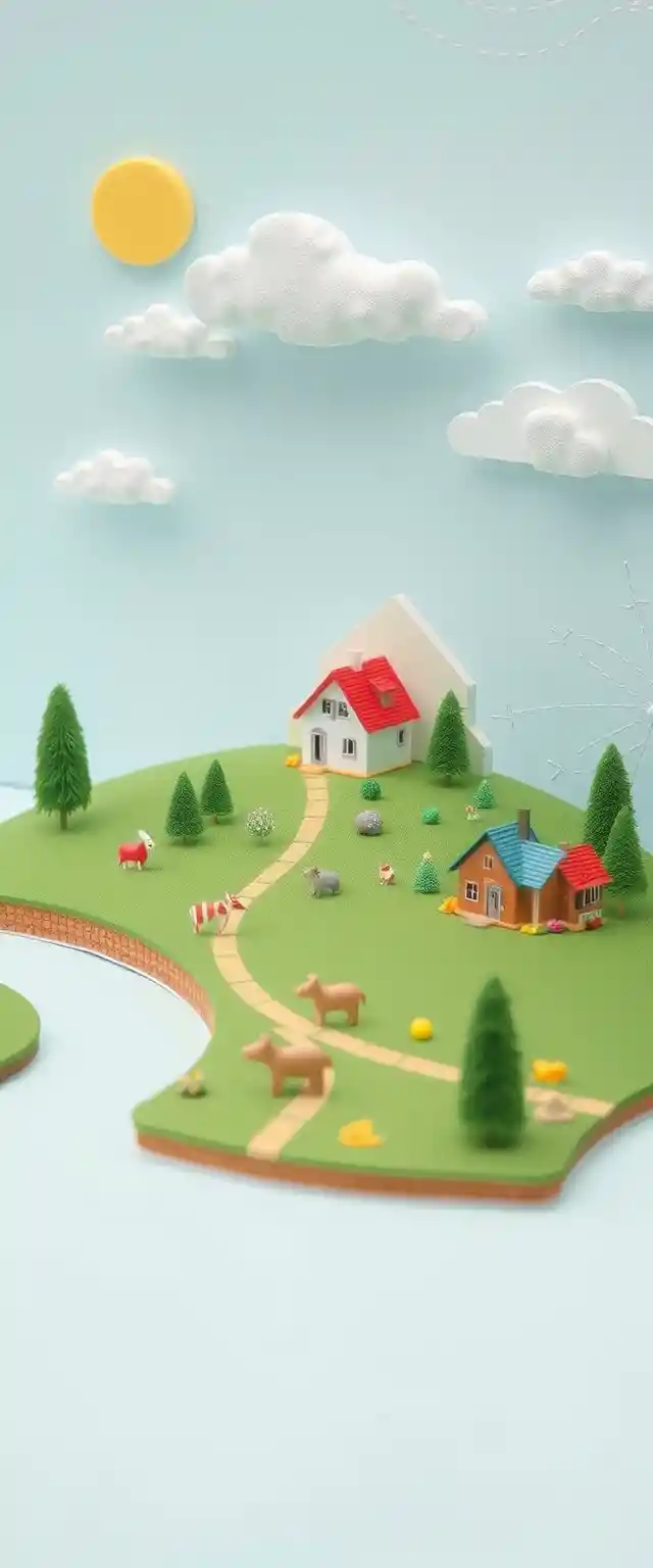 Miniatur-3D-Landschaft mit Häusern, Kühen und Schafen