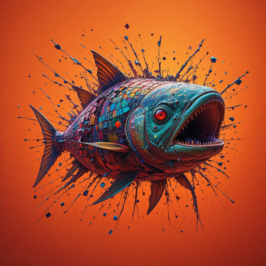 Piranha bursting through glitching fragmented digital pixels