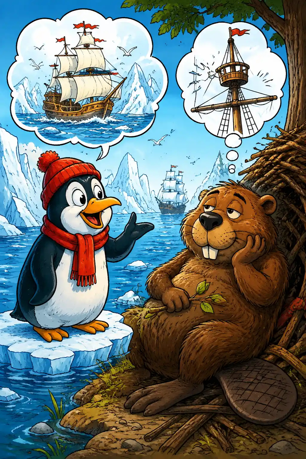 Illustrazione a fumetti giocosa con un pinguino che parla del mare
