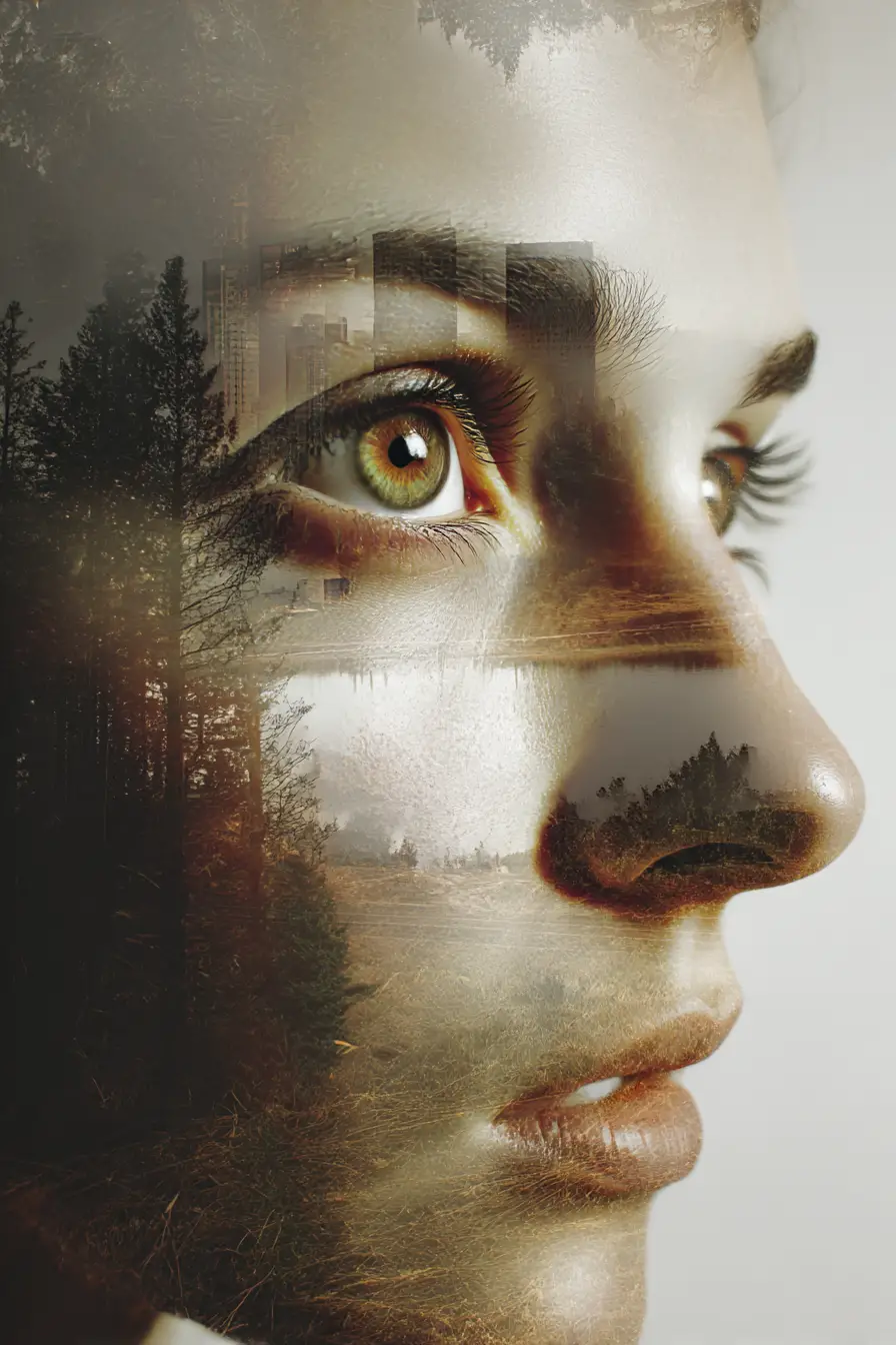 Double exposure of a hazel eye over changing city landscape