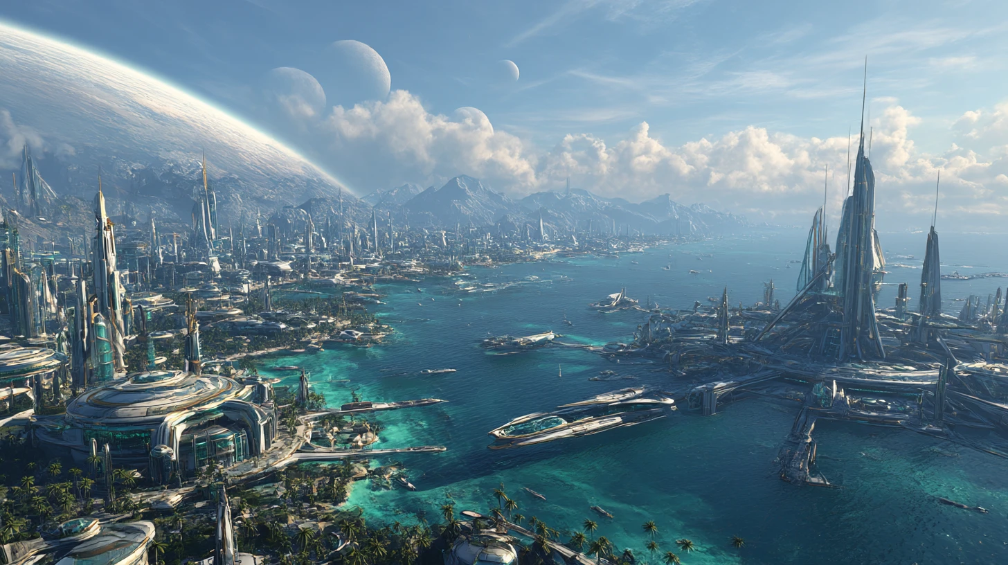 Città costiera futuristica con spazioporti e oceano alieno