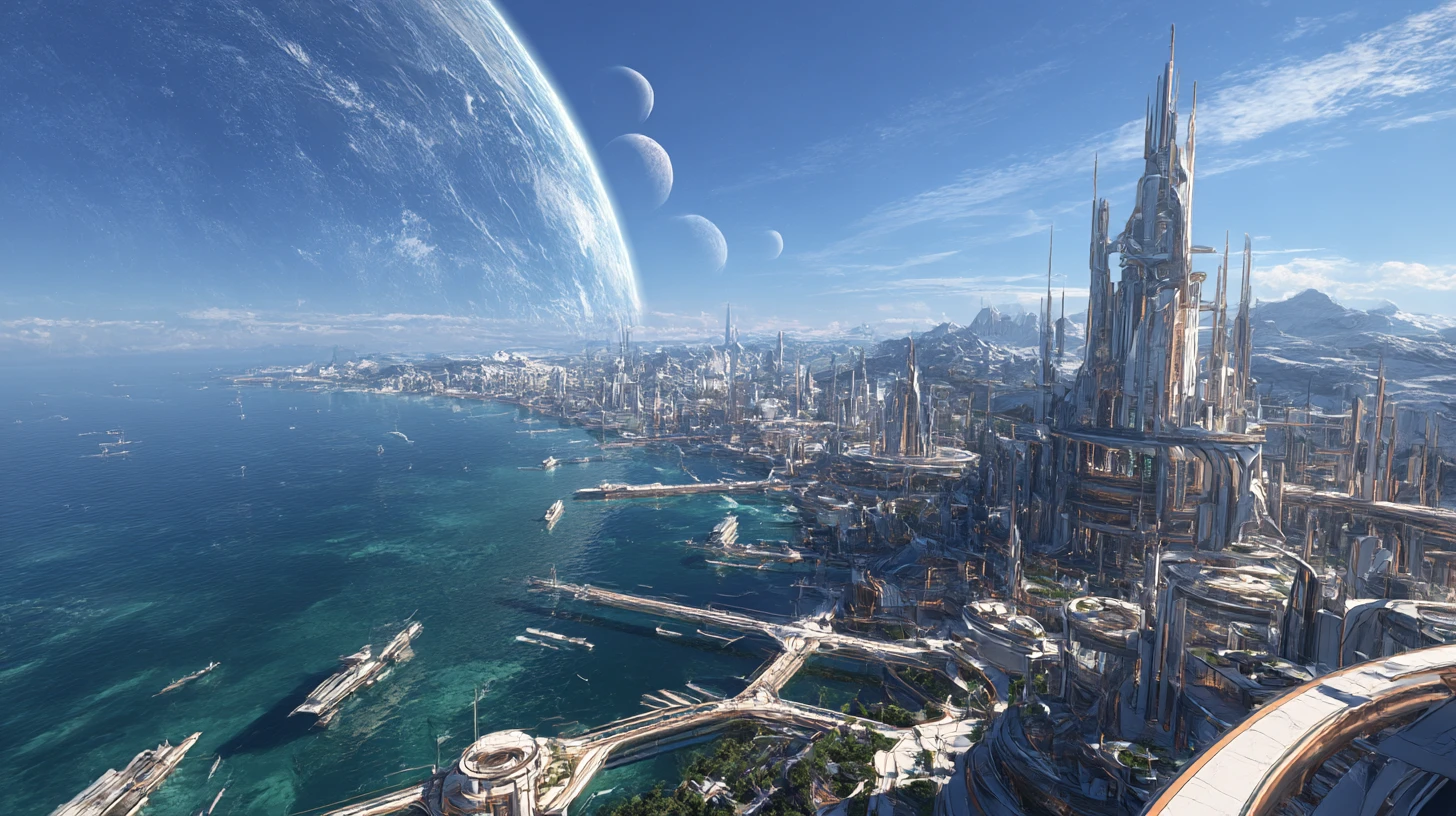 Città futuristica sul mare sotto tre lune lontane