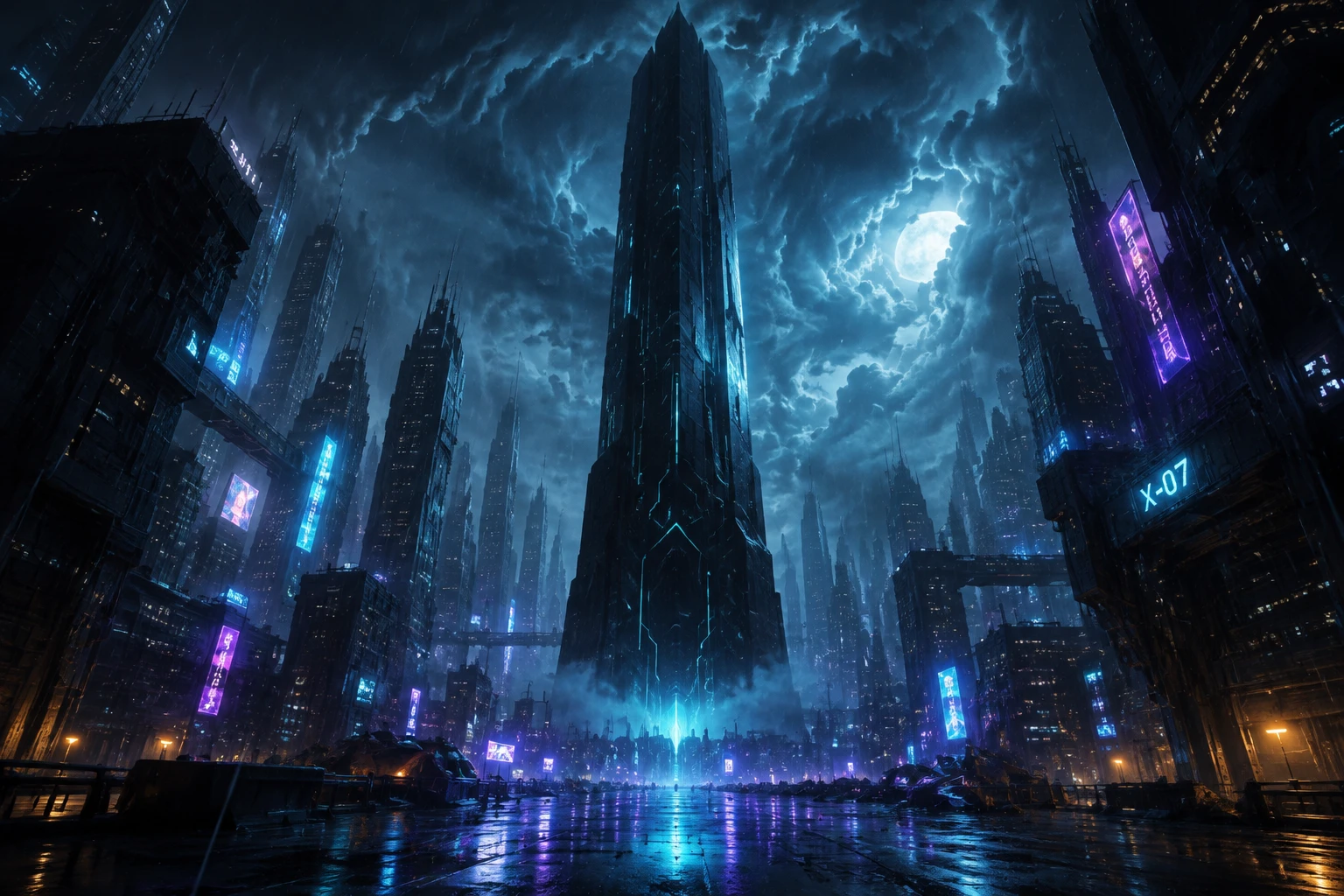 Monólito alienígena colossal pairando sobre uma cidade futurista chuvosa