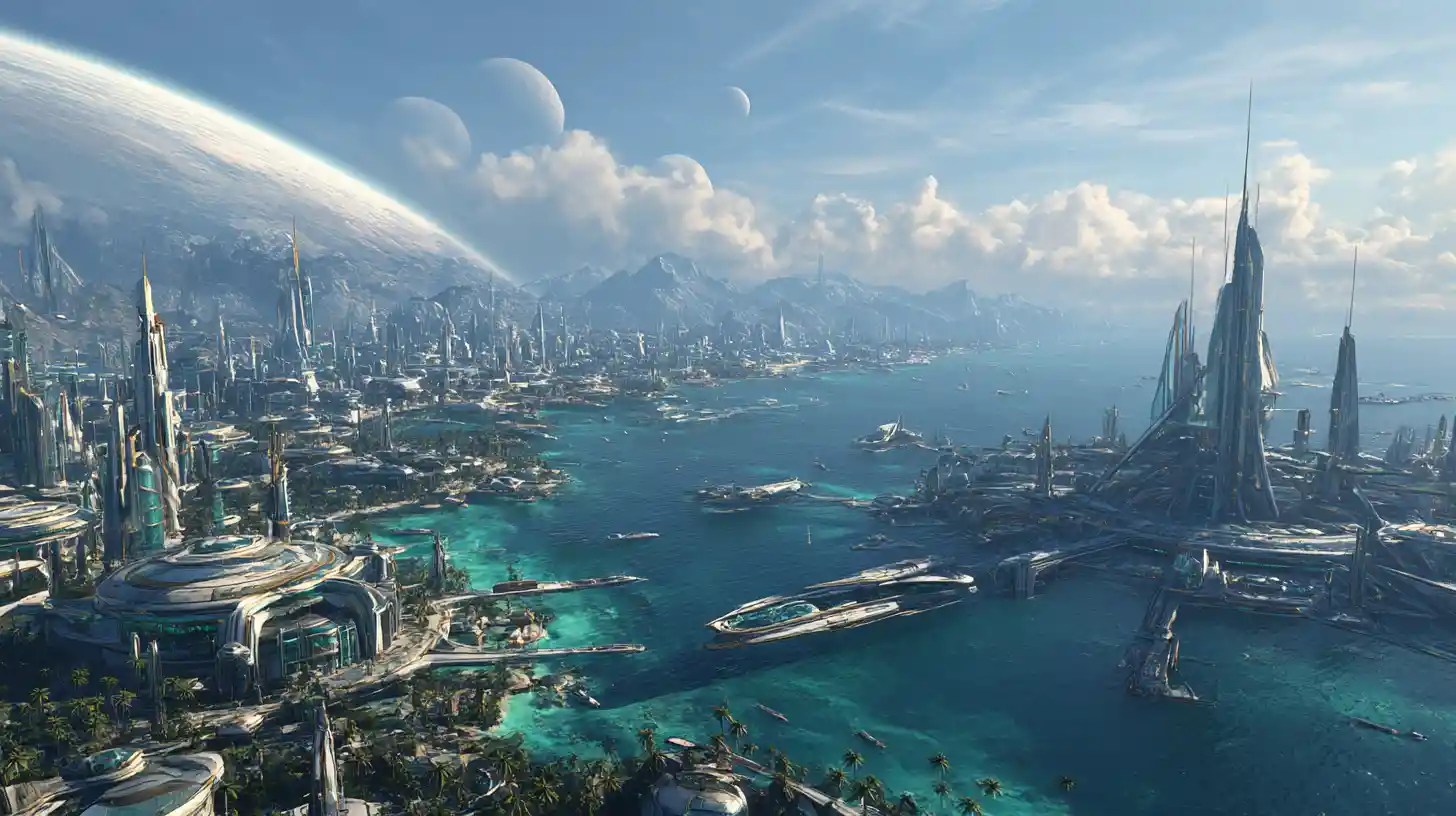 Ville côtière futuriste avec spatioports et océan extraterrestre