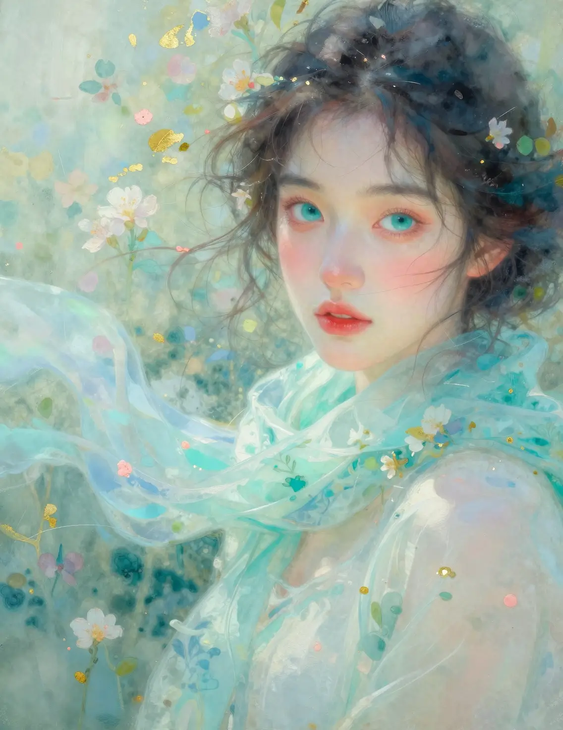夢幻花卉抽象肖像中的碧綠眼少女