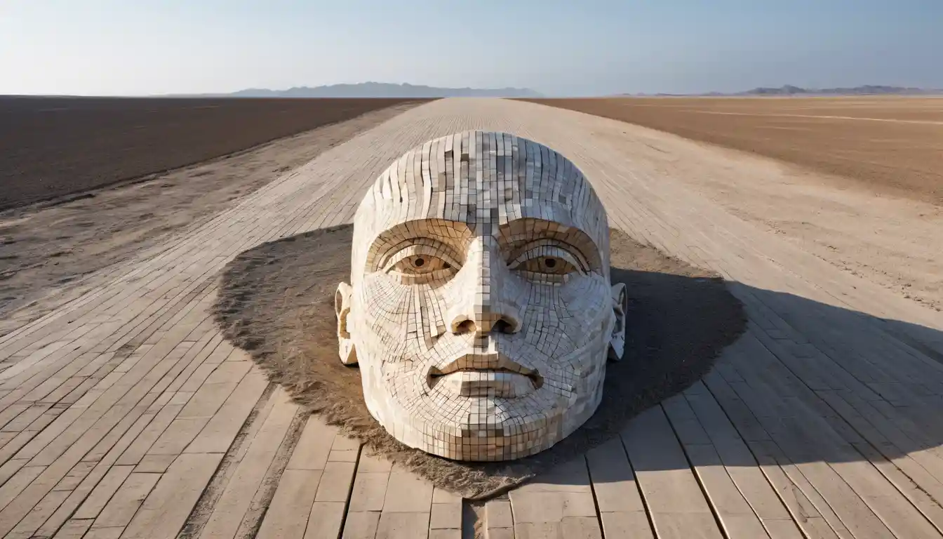 Installazione di una gigantesca testa di legno in un vasto deserto vuoto