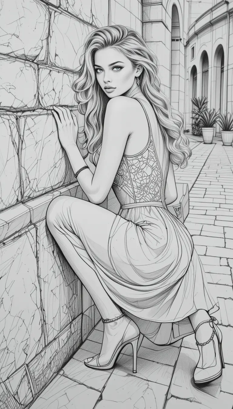 Elegant woman in lace dress by a stone wall