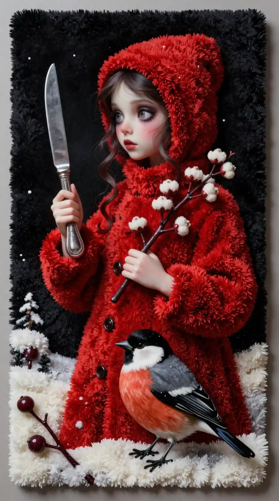 Fille fantaisiste en rouge tenant des couverts dans un contraste dramatique