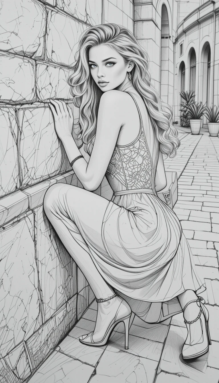 Elegant woman in lace dress by a stone wall