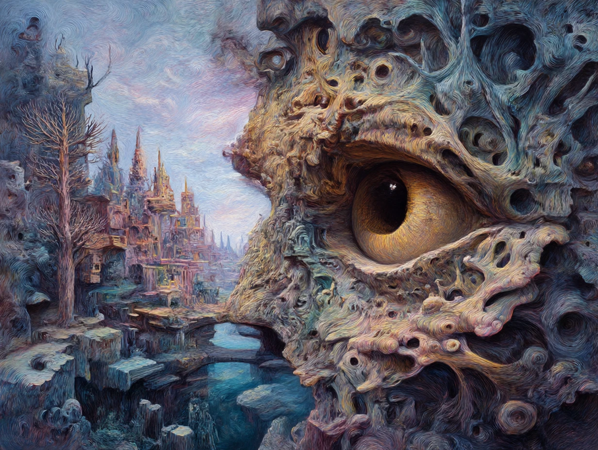 Figure umane surreali fuse con un paesaggio onirico e contorto