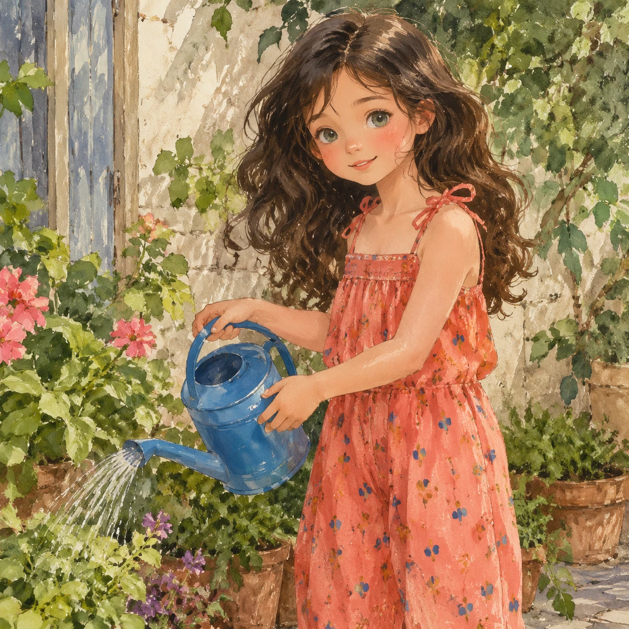 Niña regando las plantas del jardín con un mono de lino coral