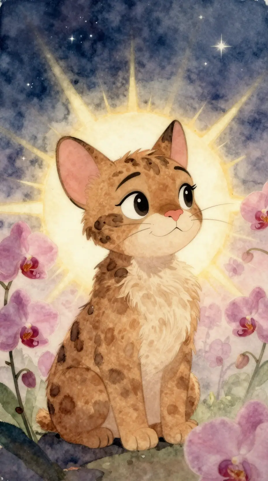 ロマンチックな星空の下の水彩ファンタジー猫耳少女