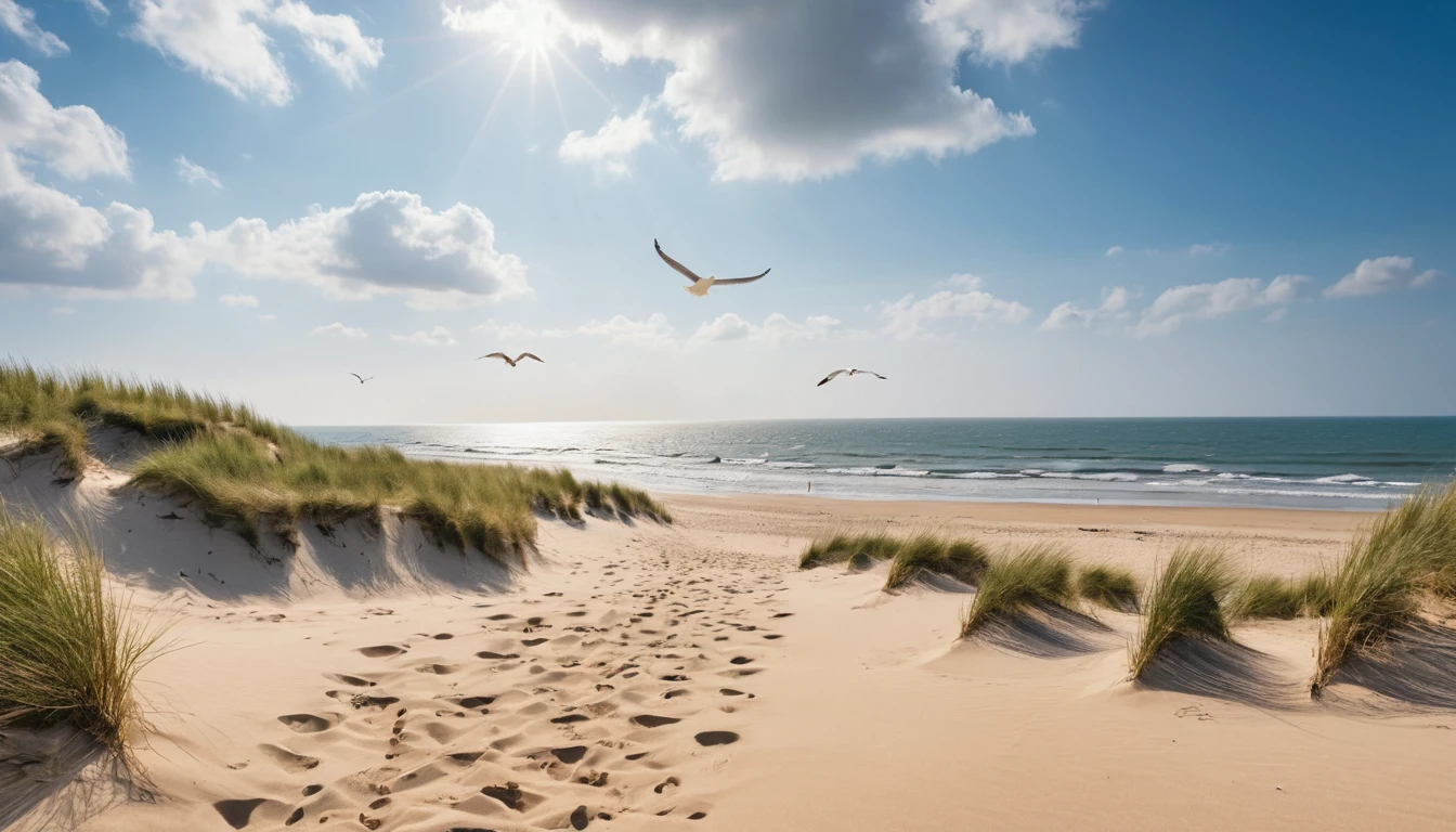 Gaivota em duna de areia acima das ondas e do céu