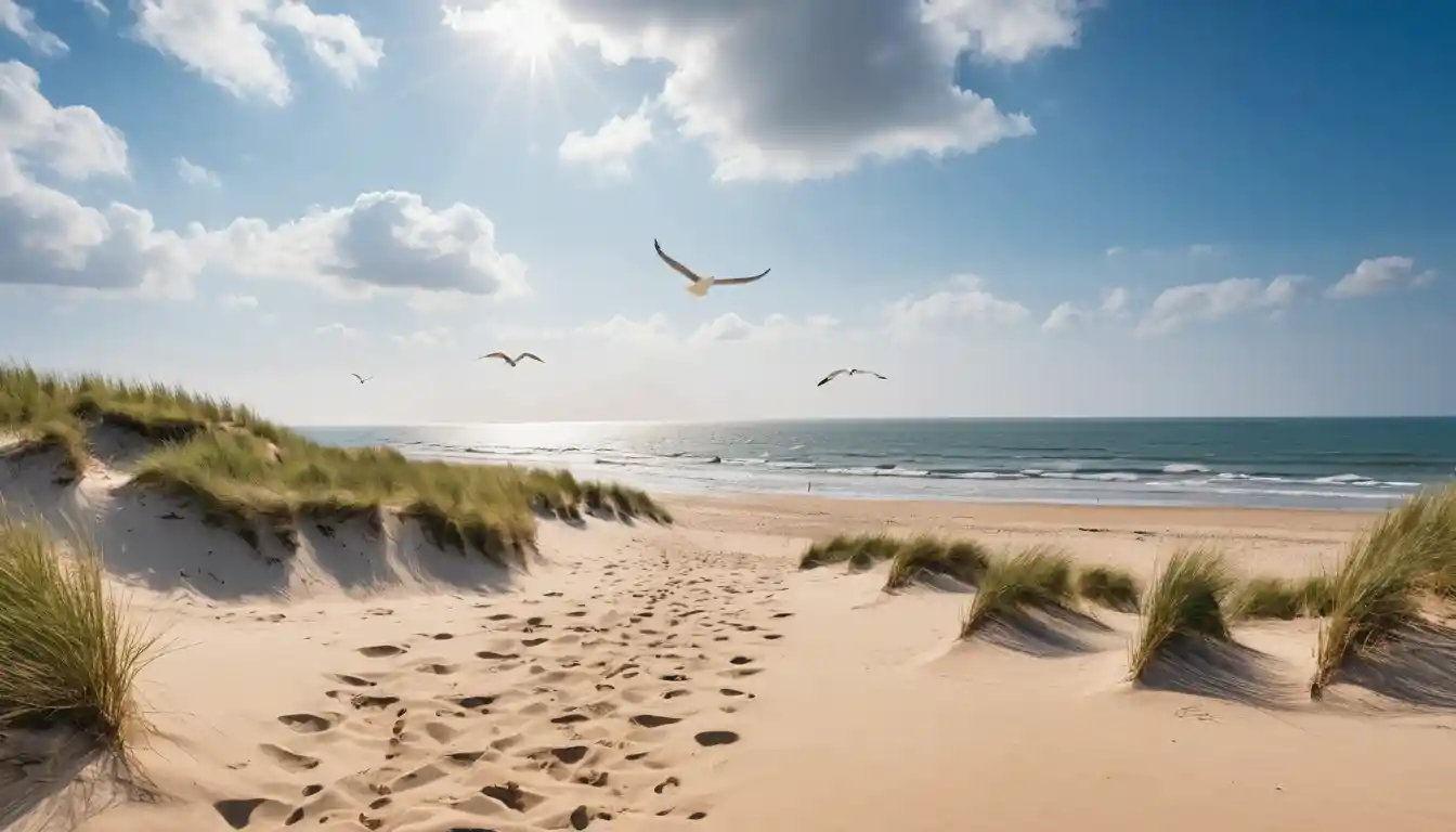 Gaivota em duna de areia acima das ondas e do céu