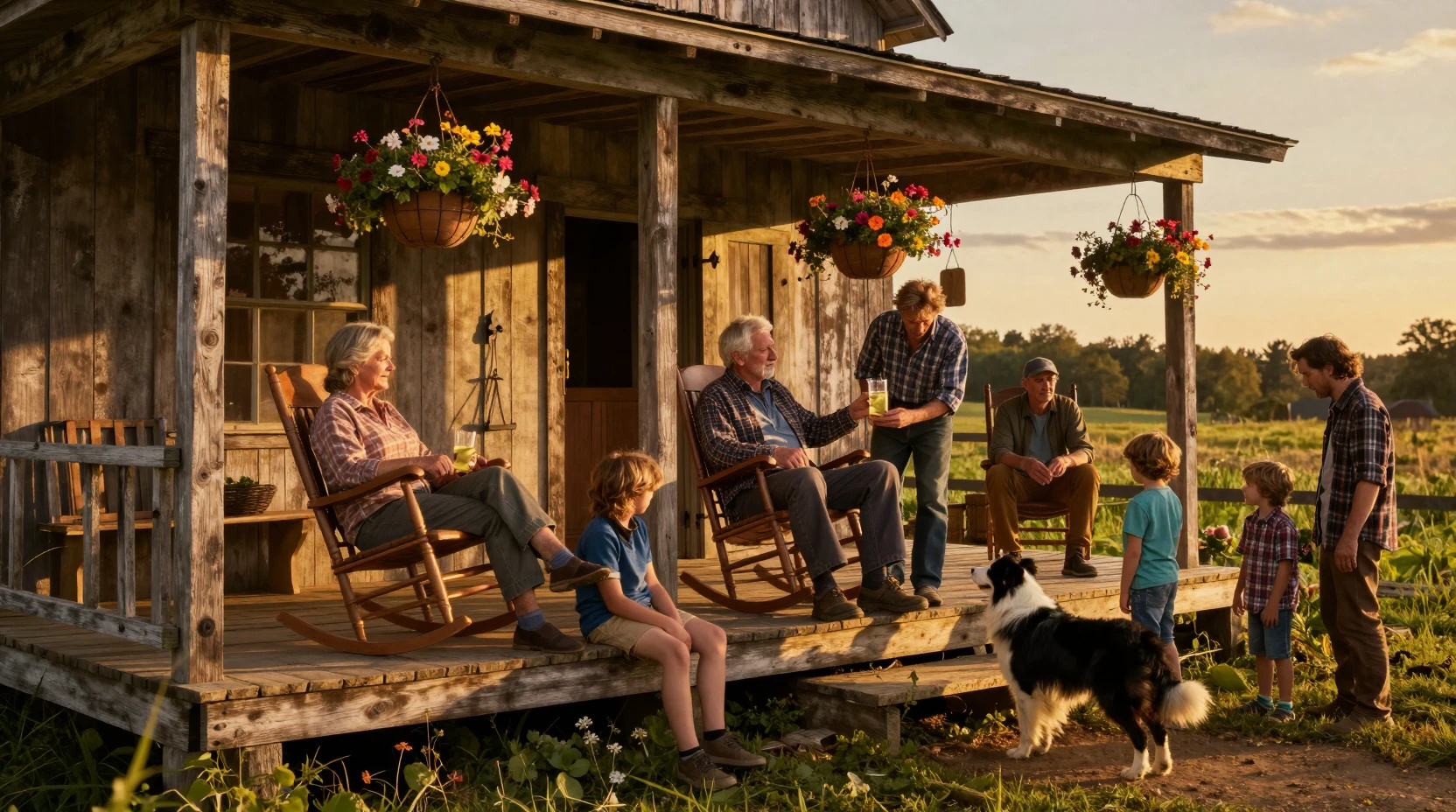 Mehrgenerationen-Bauernfamilie ruht sich auf einer sonnigen Veranda aus