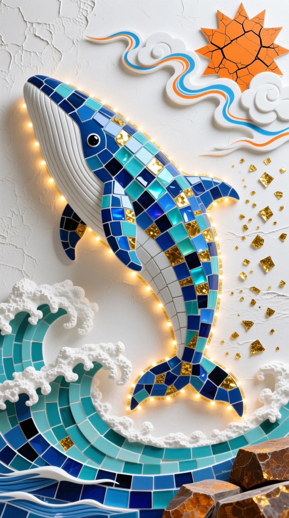 Blue whale mosaic relief with glowing lights and waves