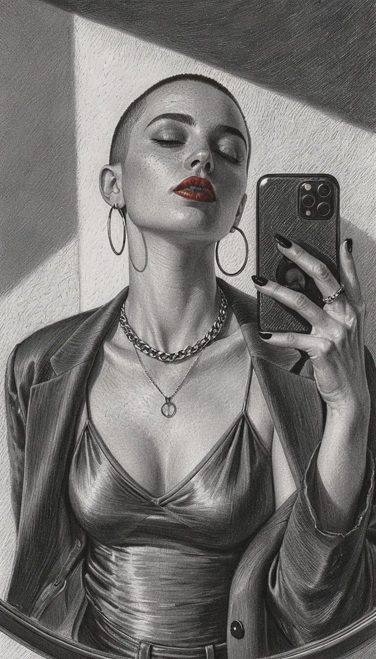 Graphite portrait of a woman taking a mirror selfie