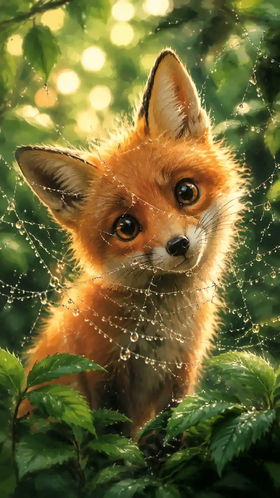 Curious baby fox behind dewlit web in green forest