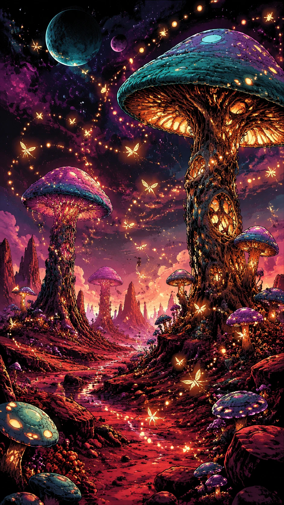 Glowing Alien Mushrooms On A Surreal Red Rocky Landscape
