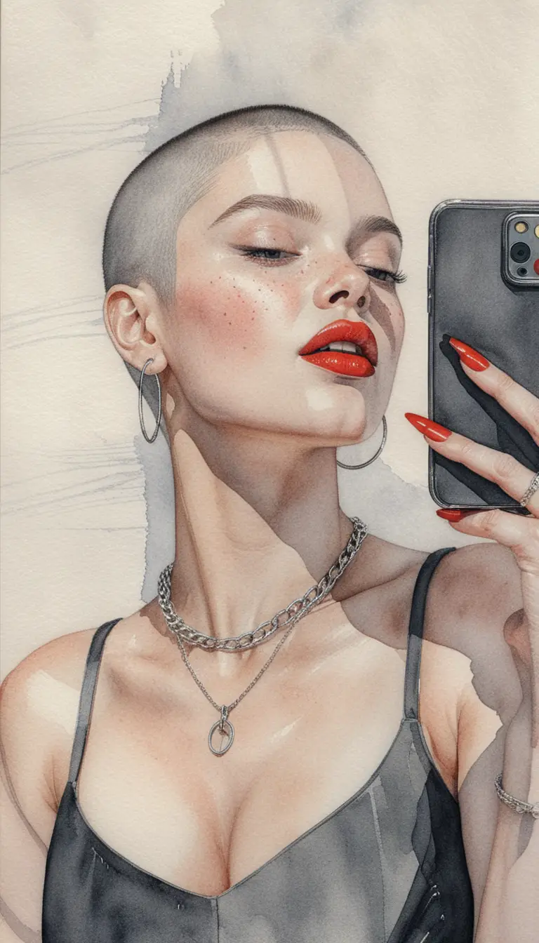 Stylish woman taking a mirror selfie in bold red lipstick