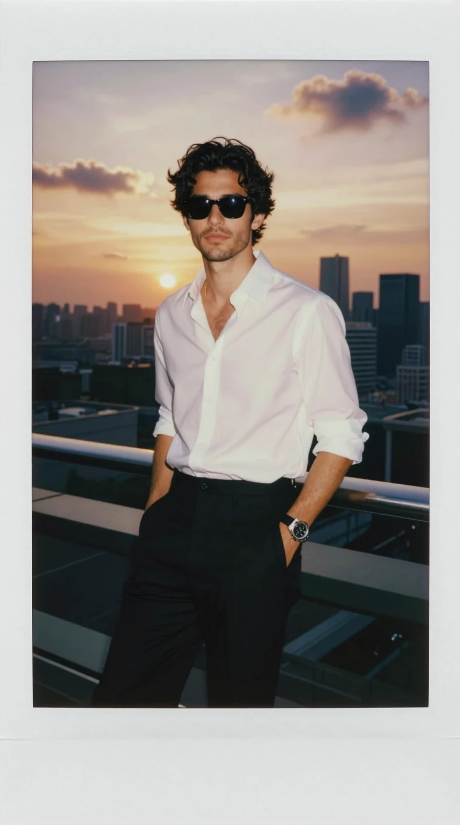 Homem estiloso em rooftop ao pôr do sol com horizonte urbano
