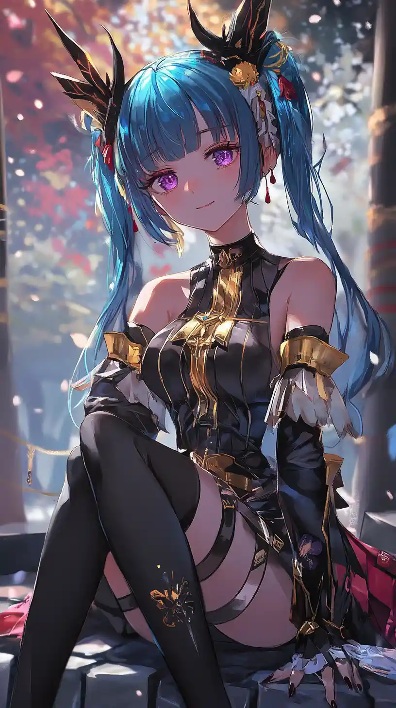 Ragazza anime dai capelli blu con outfit nero futuristico