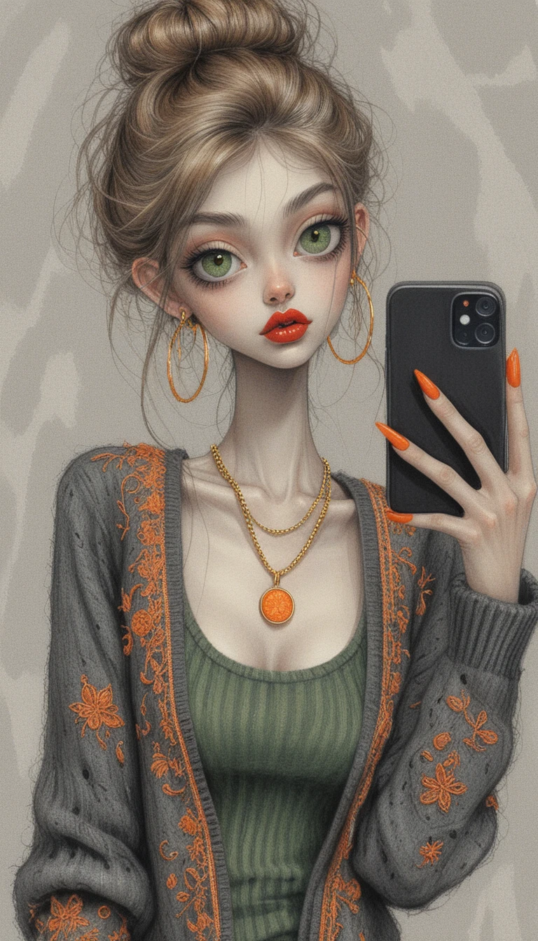 Pop art girl taking a selfie with big eyes and hoops