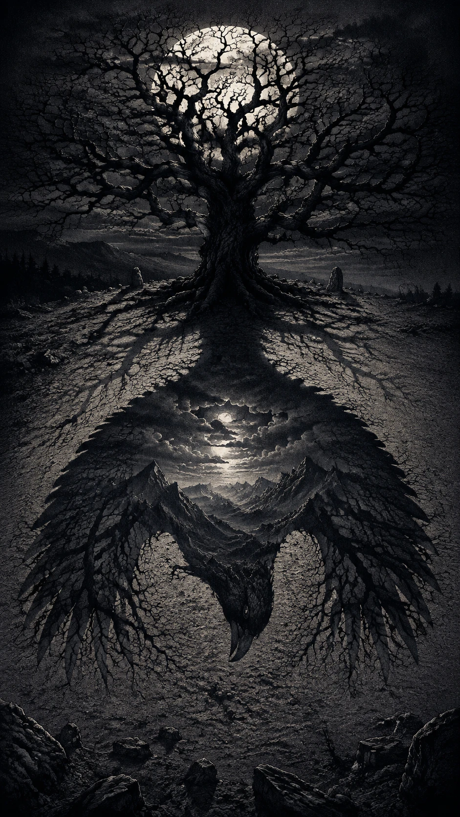Gothic tree casting a vast raven shaped moonlit shadow