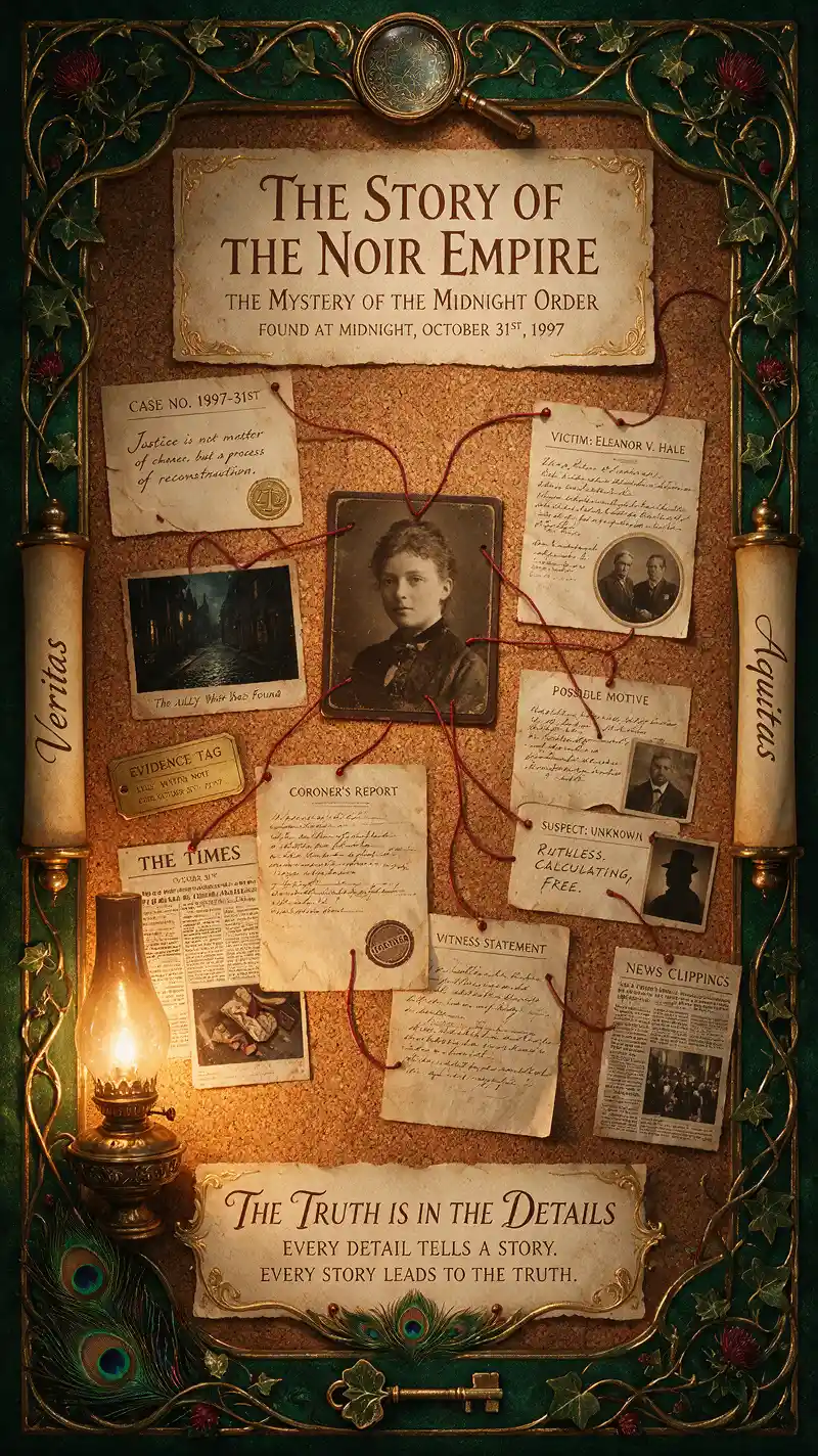 Art nouveau detective investigation board with red thread connections
