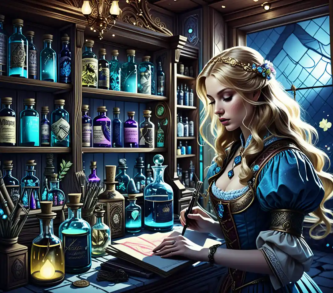 魔法のファンタジー薬屋にいる金髪の薬師の女性