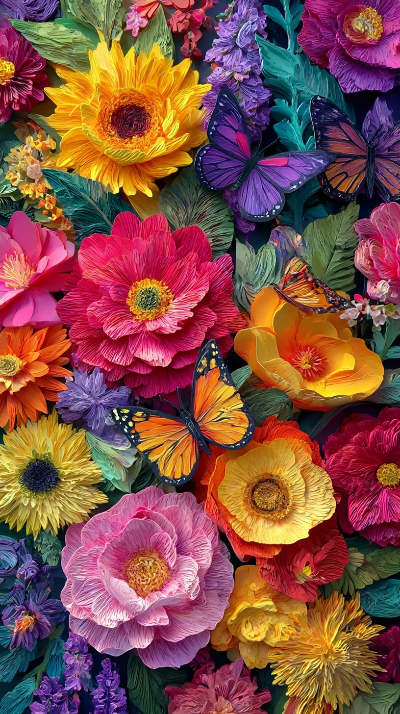 Papiergarten mit farbenfrohen Sommerblumen und Schmetterlingen
