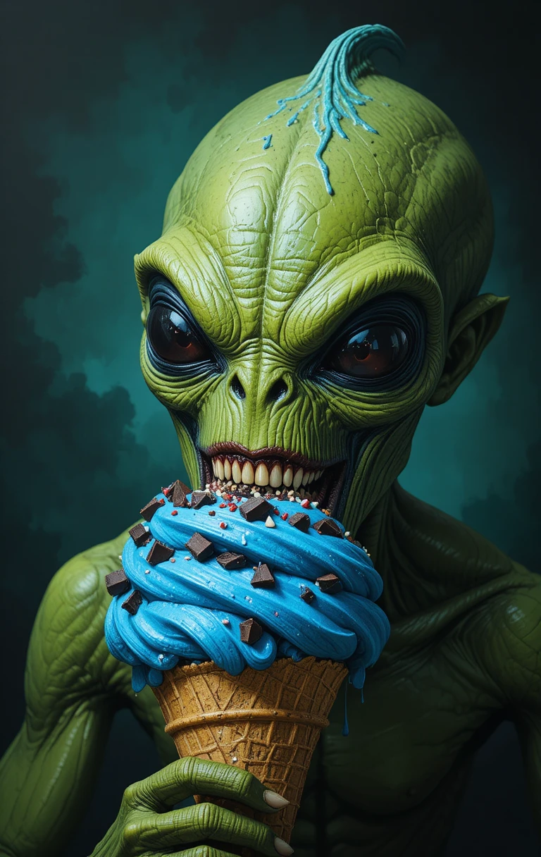Green alien biting blue ice cream in close up