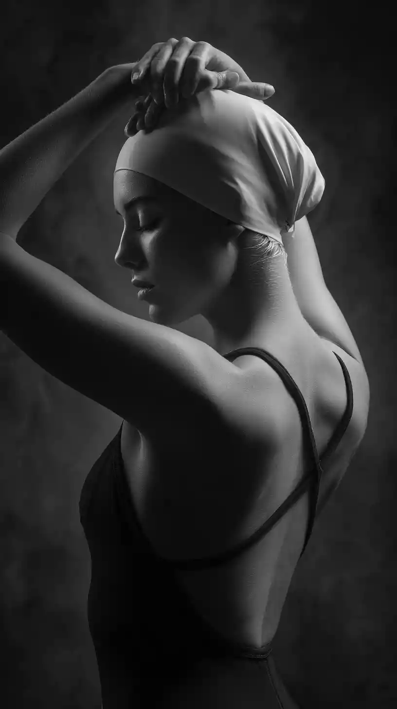 Portrait de studio en noir et blanc d’une nageuse concentrée