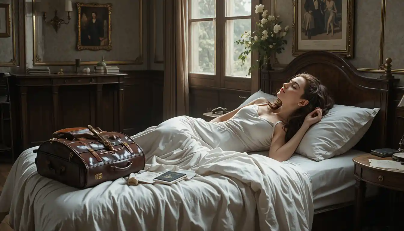 Young woman sleeping on a white bed with travel items