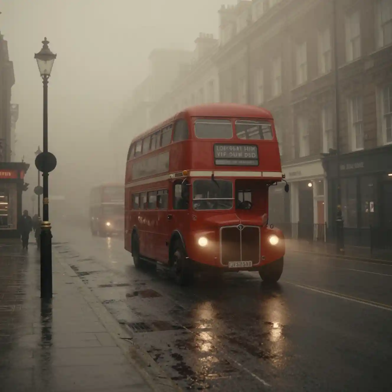 Autobus a due piani nella nebbia di Londra in una notte brumosa