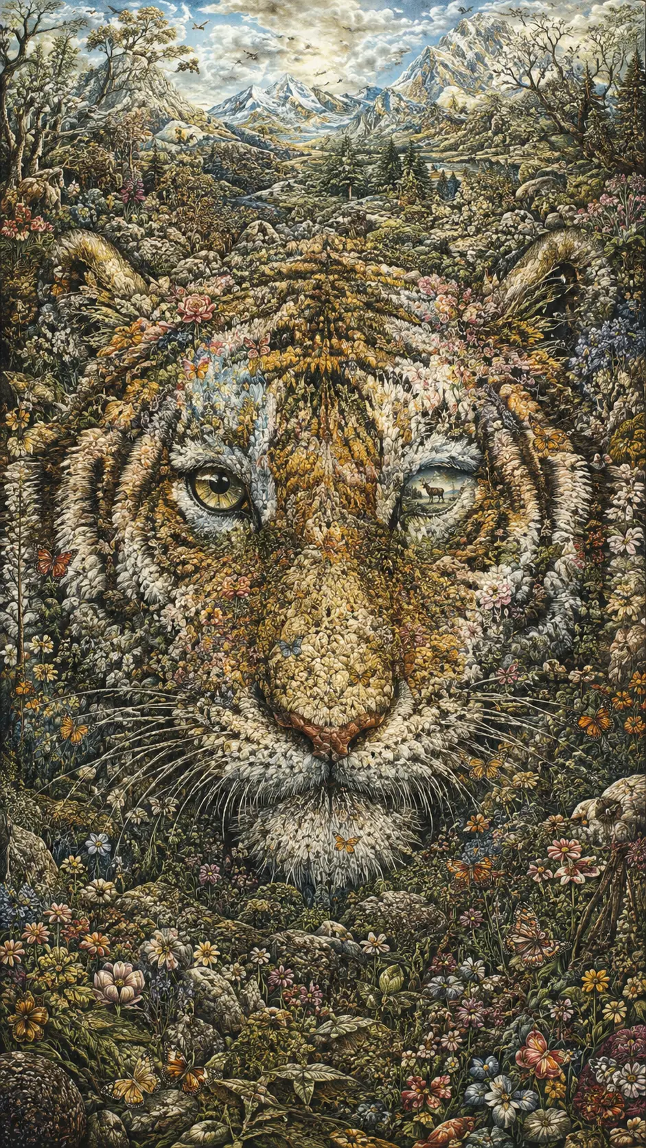 Surreal floral landscape forming the hidden face of a tiger
