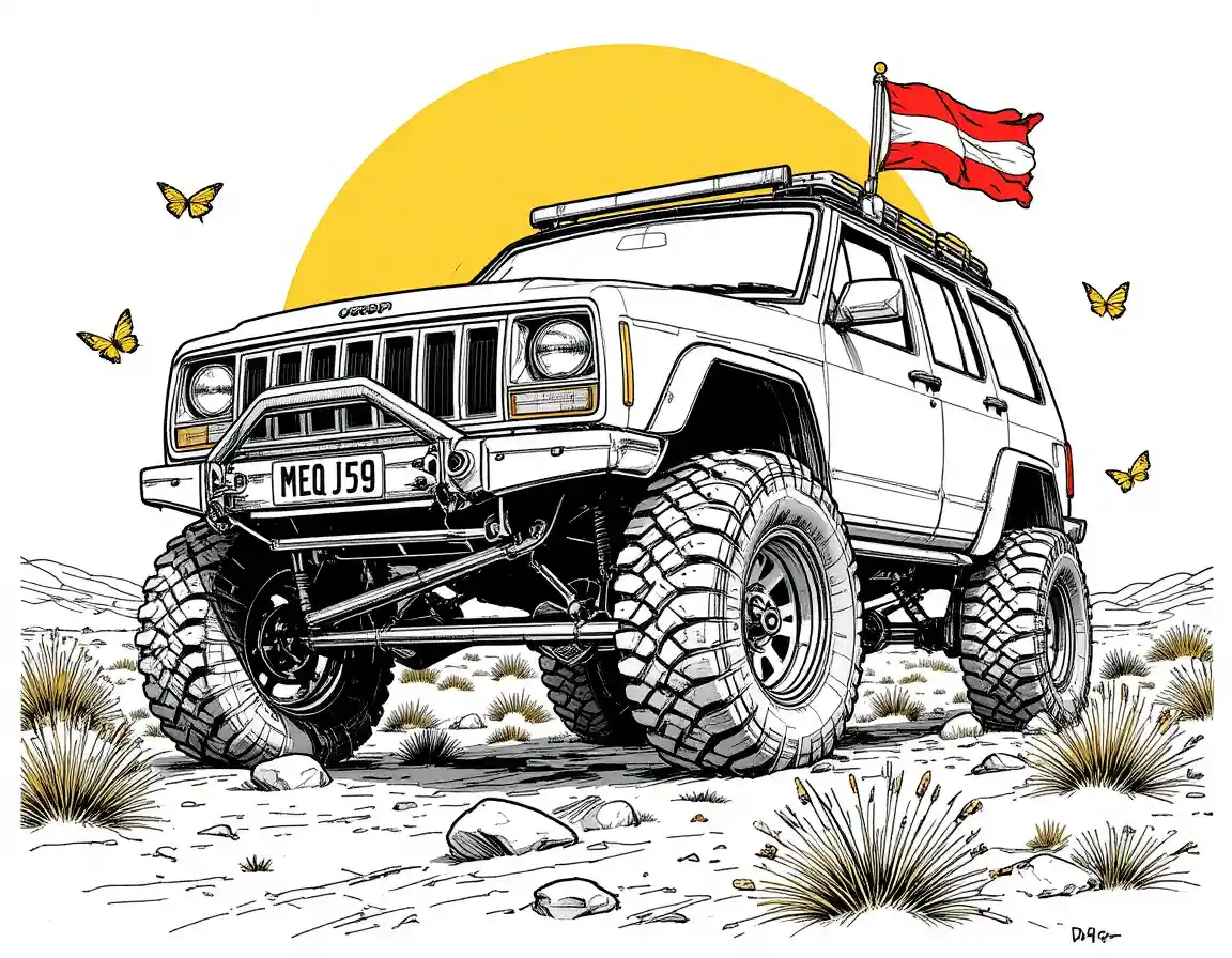 Lifted Jeep Cherokee illustration in bold desert scene