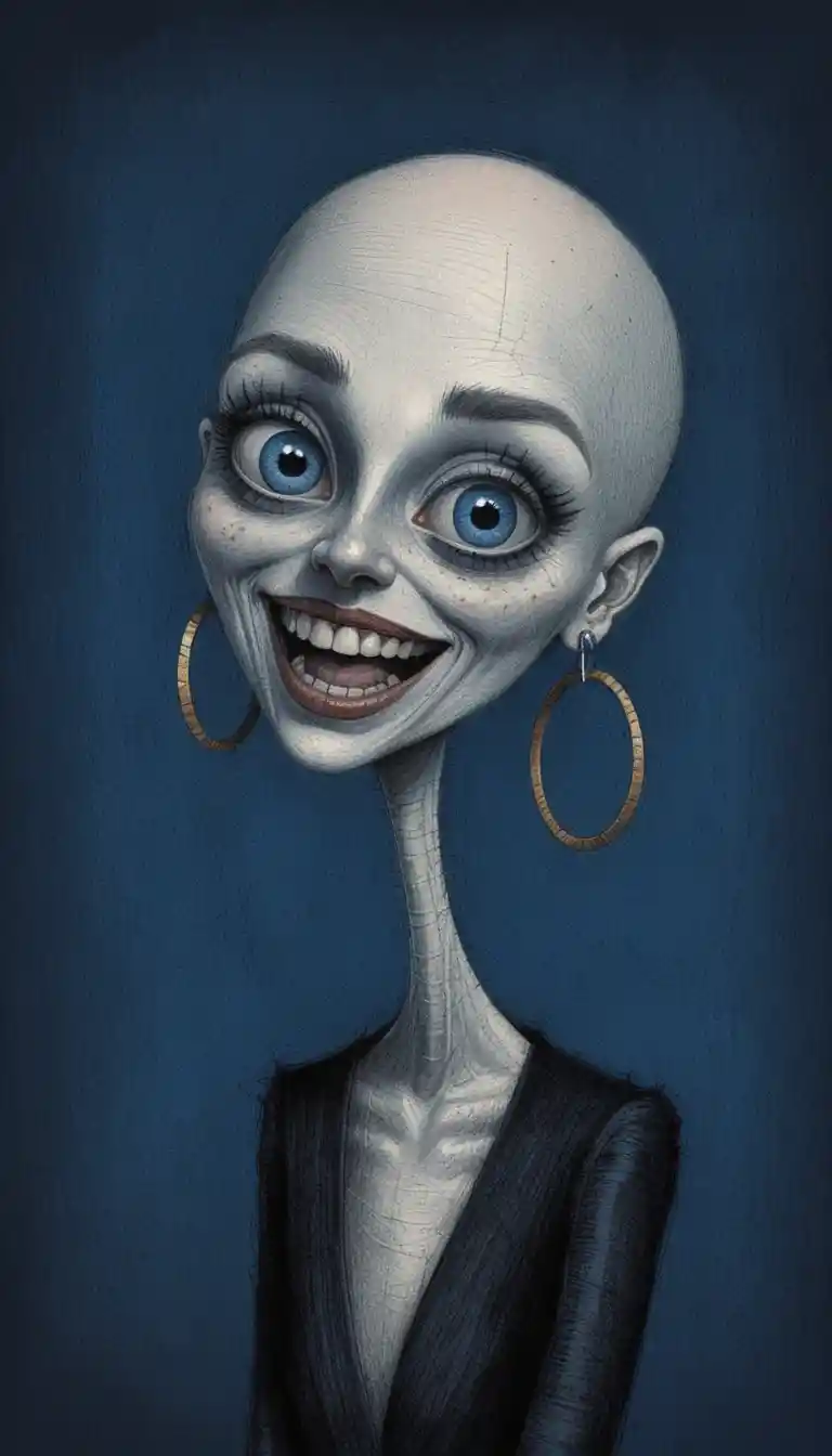 Caricatura dark fantasy di una donna calva con collo lungo