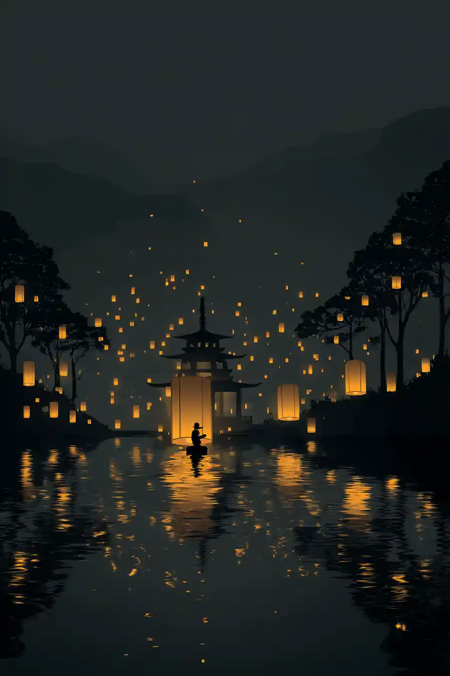 Floating golden lanterns over a dark zen lakeside scene