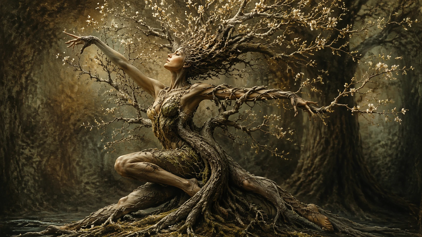 Surreal dancer fused with an ancient tree in forest