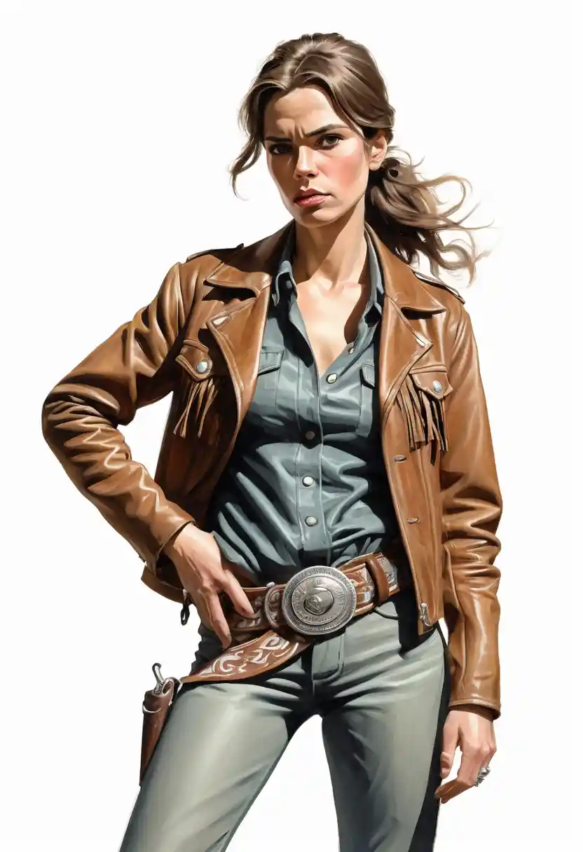 Stern woman cowboy in fringed jacket on white background