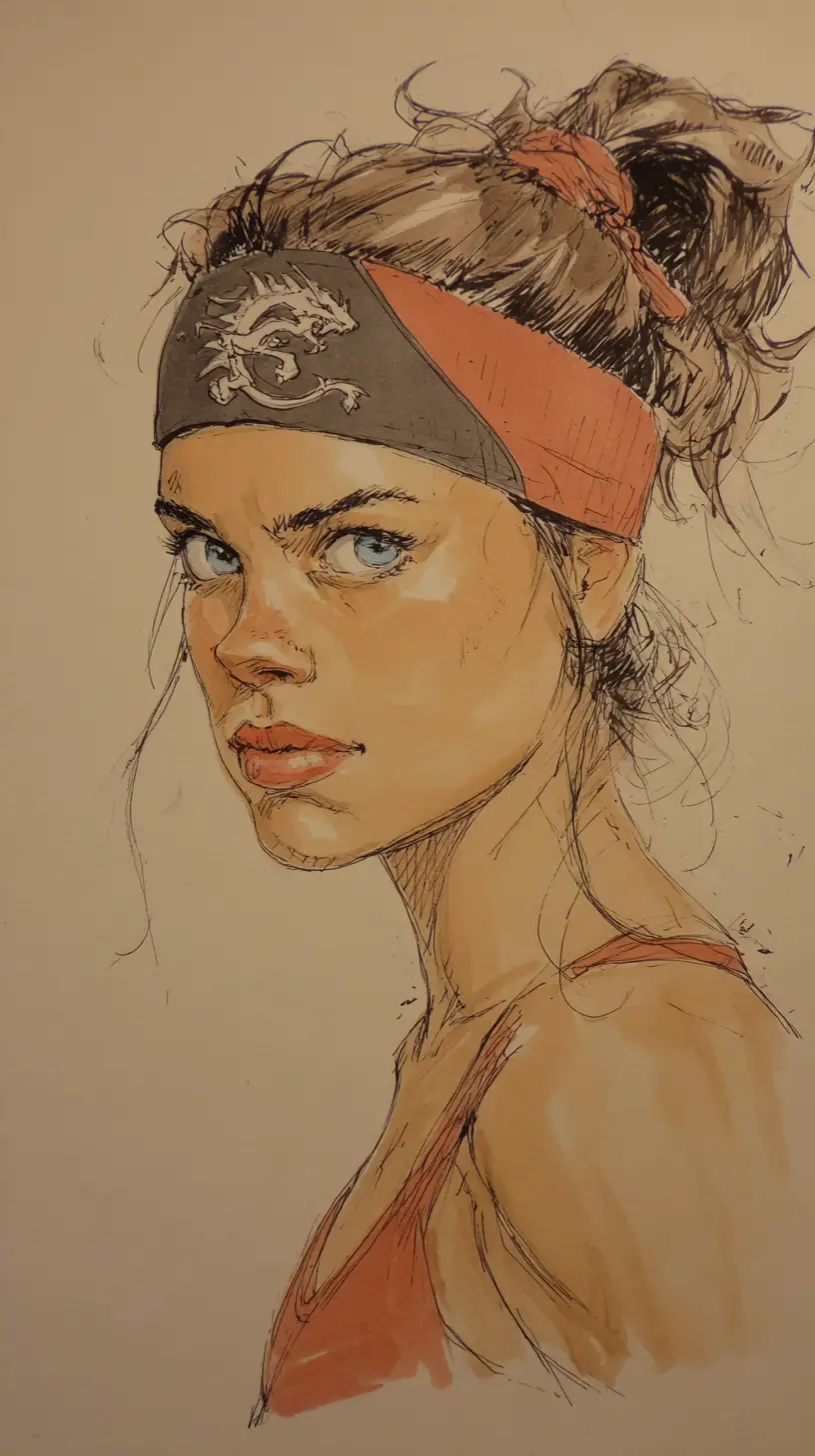 強烈運動感女子與花卉素描背景的人像